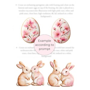 May include: Watercolor illustrations of Easter eggs and bunnies. The eggs are decorated with pink cherry blossoms and gold accents. The bunnies are in pairs, with soft pink and beige fur. The background is white.