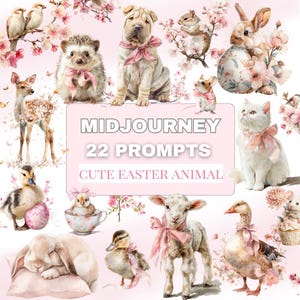 Peut inclure: Une collection d'illustrations &agrave; l'aquarelle repr&eacute;sentant divers animaux, dont un chiot Shar Pei, un lapin et un agneau, tous orn&eacute;s de n&oelig;uds roses. L'image comprend le texte "MIDJOURNEY 22 PROMPTS CUTE EASTER ANIMAL". Le fond est rose clair avec des accents floraux.
