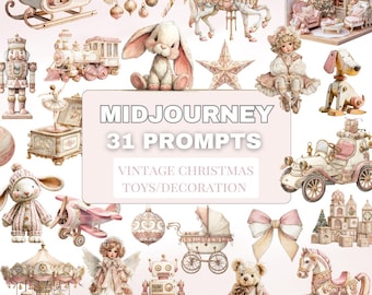 Vintage Christmas Toys Watercolor Clipart: Midjourney Prompts (PDF)