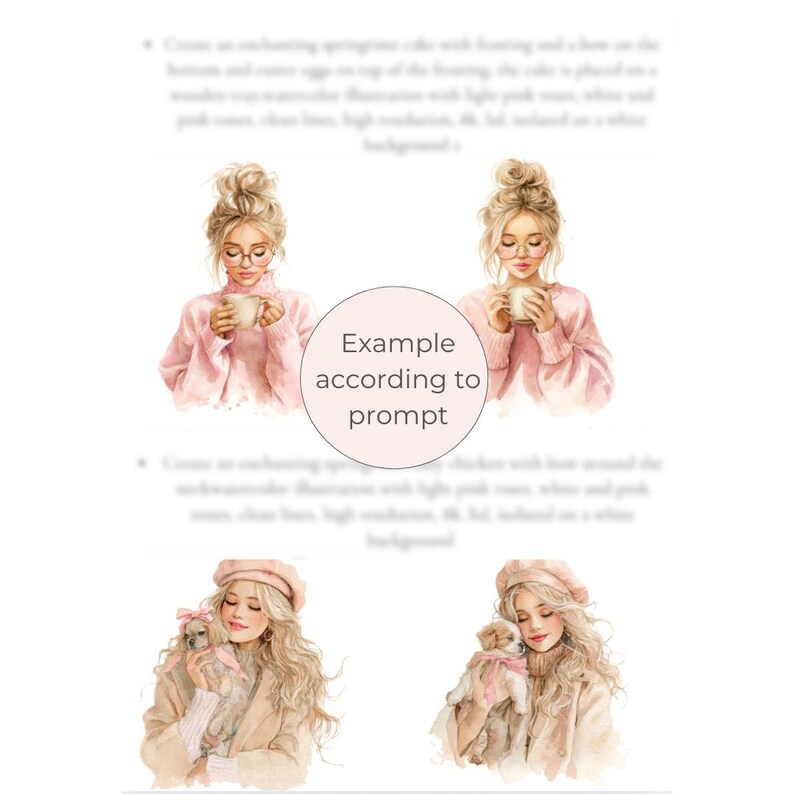 May include: Watercolor illustrations of women in pink sweaters, holding mugs, and a woman with a small dog. The images have a soft, pastel color palette and are set against a white background.