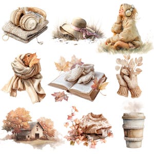 May include: Watercolor illustration of autumn-themed items. Includes a stack of beige sweaters with headphones, a sun hat with a pink ribbon, a scarf with fall leaves, a book with mittens, a sweater with leaves, a coffee cup, and a barn.