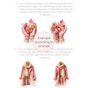 May include: Watercolor illustration featuring a pair of hands wearing pink mittens, holding autumn leaves. Below, a pink coat with a beige scarf hangs on a hanger. The image has a soft, artistic style.