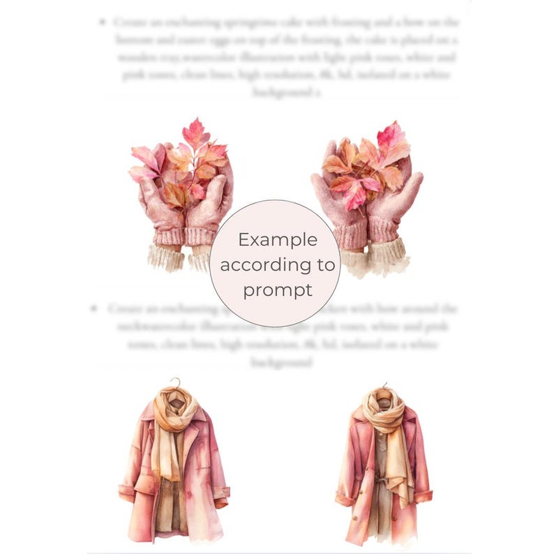 May include: Watercolor illustration featuring a pair of hands wearing pink mittens, holding autumn leaves. Below, a pink coat with a beige scarf hangs on a hanger. The image has a soft, artistic style.
