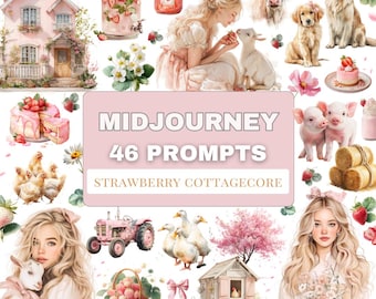 Strawberry Cottagecore MidJourney Prompts Bundle, 46 AI Prompts, Cute Farm Animals, Pink Cottage Aesthetic, Commercial Use, Prompt Pack
