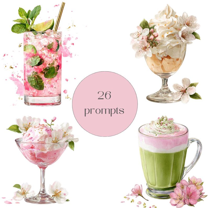 Puede incluir: Ilustraci&oacute;n en acuarela de cuatro bebidas. Un c&oacute;ctel rosa con menta y lima, un postre con crema batida y flores, un helado rosa y un caf&eacute; con leche verde y rosa. Un c&iacute;rculo rosa en el centro tiene el texto "26 prompts".