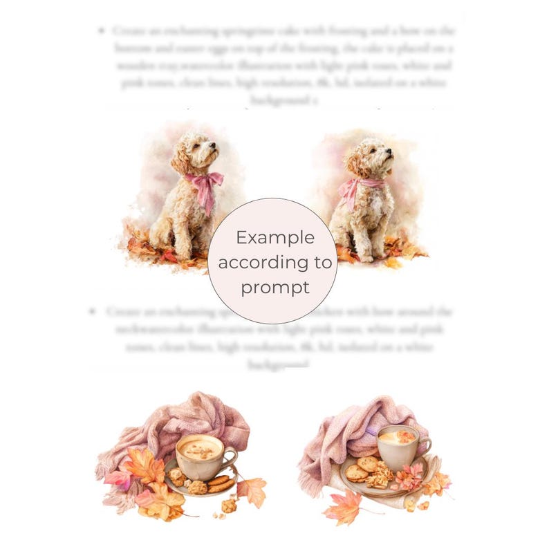 May include: Watercolor illustrations featuring a poodle with a pink scarf, surrounded by autumn leaves. The image also includes a cup of coffee with cookies, a pink blanket, and fall foliage. The text in the image says "Example according to prompt".