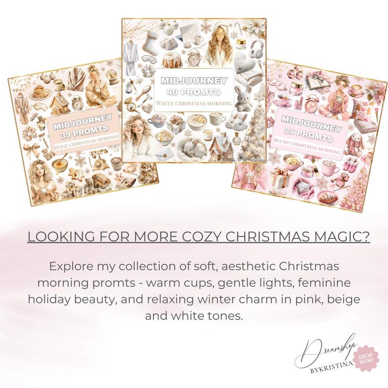 May include: Three digital art prints with the text "MIDJOURNEY" and "PROMTS". The prints feature cozy Christmas themes in beige, white, and pink tones. The text "LOOKING FOR MORE COZY CHRISTMAS MAGIC?" is also visible.