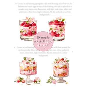 Puede incluir: Ilustraci&oacute;n en acuarela de postres. Dos vasos transparentes llenos de frambuesas, crema y flores. Dos postres en copas con capas de bizcocho, crema y fresas. Acentos florales y una cuchara.
