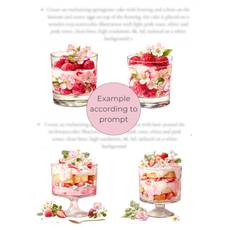 Puede incluir: Ilustraci&oacute;n en acuarela de postres. Dos vasos transparentes llenos de frambuesas, crema y flores. Dos postres en copas con capas de bizcocho, crema y fresas. Acentos florales y una cuchara.