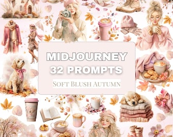 Soft Blush Autumn Midjourney Prompts – 32 Cozy Fall Watercolor Prompts Pink Aesthetic Fall Midjourney Fall Woman Prompts Warm Autumn Clipart
