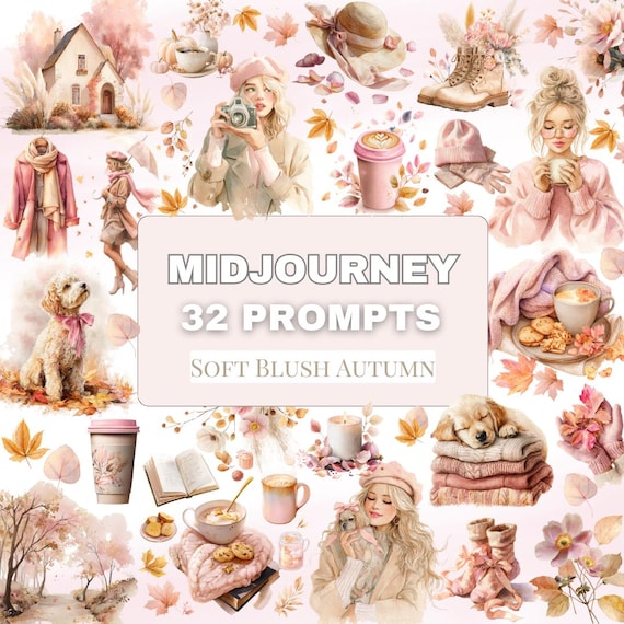 Soft Blush Autumn Midjourney Prompts – 32 Cozy Fall Watercolor Prompts Pink Aesthetic Fall Midjourney Fall Woman Prompts Warm Autumn Clipart