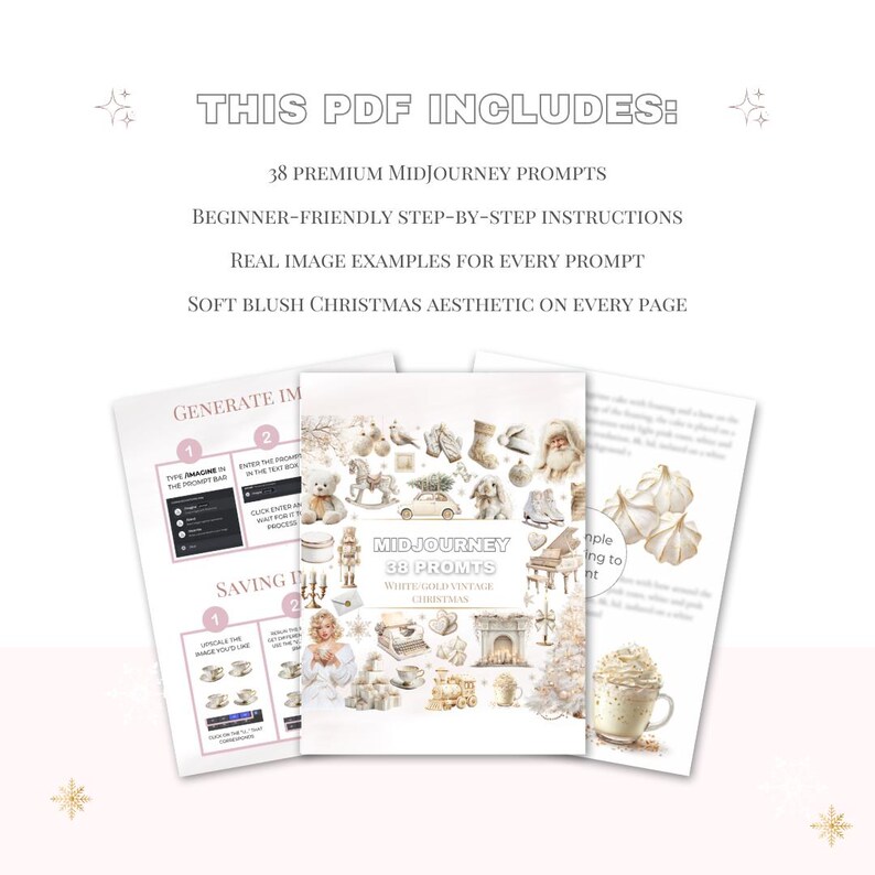 May include: Three open pages of a PDF document with the text "THIS PDF INCLUDES: 38 PREMIUM MIDJOURNEY PROMPTS" and "SOFT BLUSH CHRISTMAS AESTHETIC ON EVERY PAGE". The center page displays the title "MIDJOURNEY 38 PROMTS WHITE-GOLD VINTAGE CHRISTMAS".