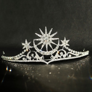 Corona de estrellas y luna, corona de diamantes brillantes, tiara de novia con estrellas y luna, corona de boda, tiara de quinceañera, corona de halo, accesorios de boda, regalos de cumpleaños