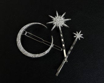 Pinces à cheveux étoile lune argentées, ensemble de pinces célestes, épingle à cheveux or antique, épingle à cheveux étoile de cristal, accessoires pour cheveux, barrettes et clips Barrette planète