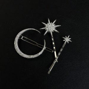 Silver Star Moon Hair Clip,Celestial Clip Set,Ancient Gold Hair Pin,Crystal Star Hairpin,Hair Accessories,Barrettes and ClipsPlanet Barrette