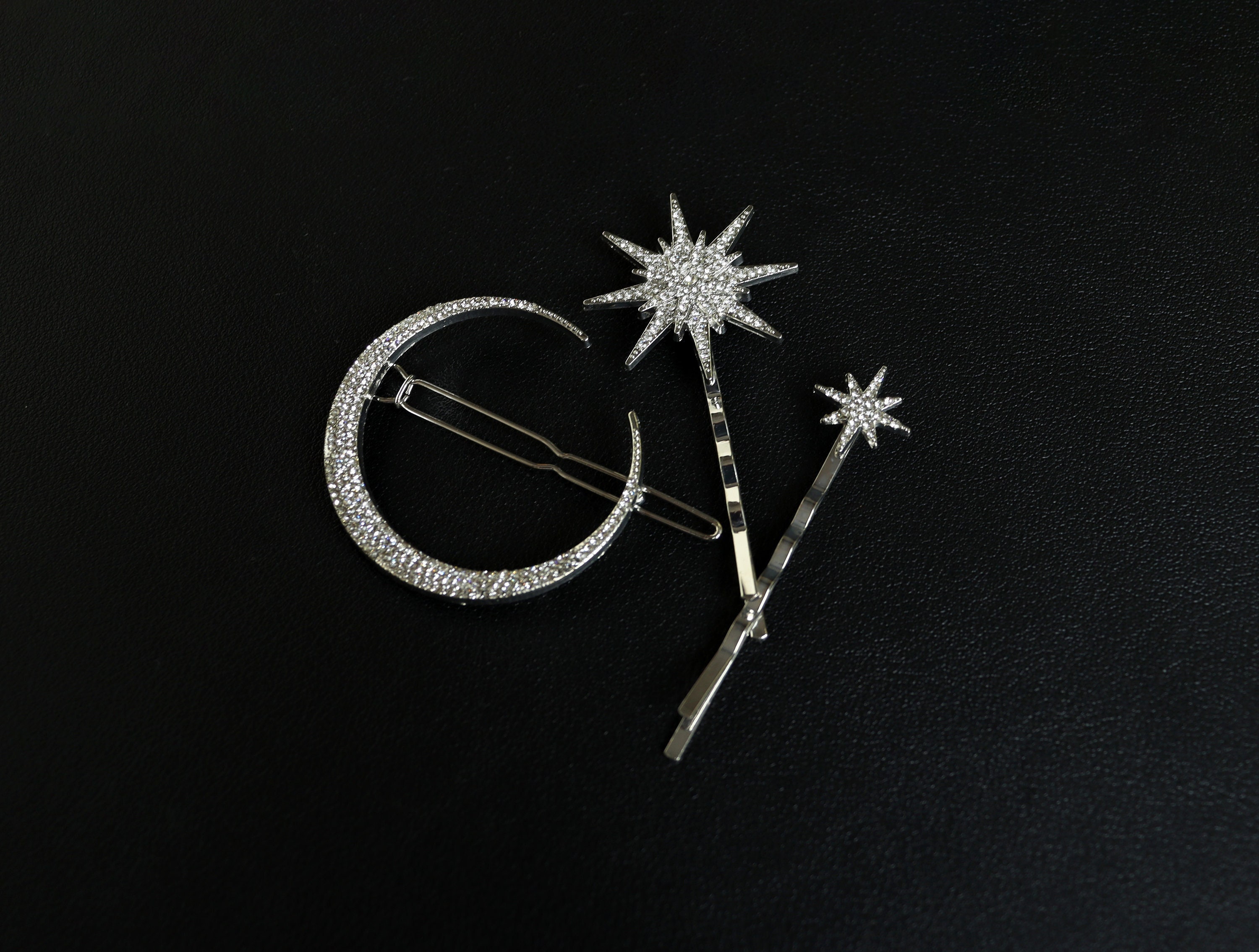 Set of 3 Silver Crystal Crescent Moon and Stars Starburst Hair Pins Rhinestone Rhinestone Hair Accessory Boho Crystal Moon & Star Hair Clip  main image 2