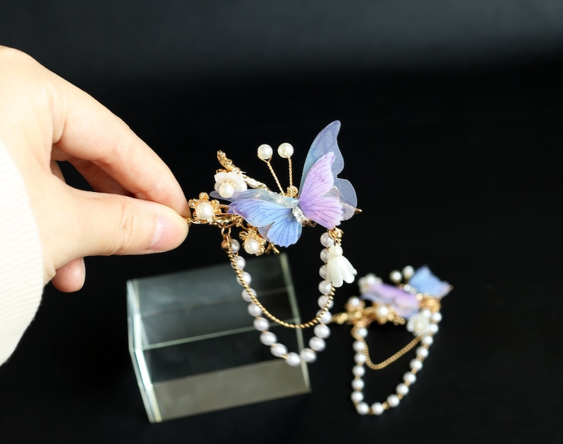 Farfalla viola, copricapo con nappe, clip da fata, clip per bordi, mughetto, accessori per capelli, farfalla in metallo immagine 5