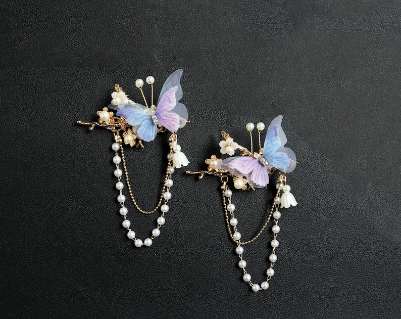 Farfalla viola, copricapo con nappe, clip da fata, clip per bordi, mughetto, accessori per capelli, farfalla in metallo immagine 1