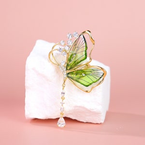 Broche Papillon Métal Doré Avec Opale Blanche, Pierre Verte Et Strass - Neuve Sans Emballage