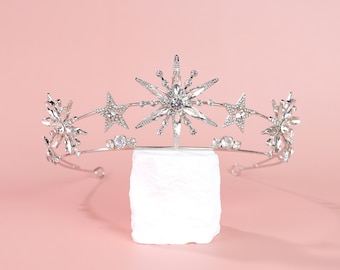 Diadème de strass en cristal d'étoiles argentées, diadème de mariée de mariage d'or, couronne de bandeau d'étoile, accessoires de cheveux de femme, diadème de mariée céleste, cadeau de mariée