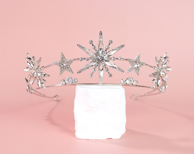 Silver Stars Crystal Rhinestone Tiara,Gold Wedding Bridal Tiara,Star Headband Crown,Women Hair Accessories,Celestial bridal Tiara,Bride Gift