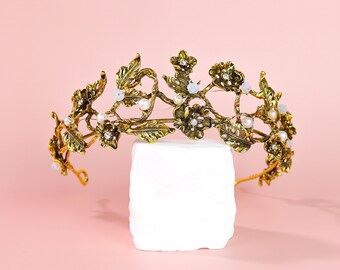 Baroque Tiara,vintage Gold Leaf Pearl Crown,whimsical Fairy  display picture 3