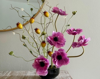 Ikebana Poppy Arrangement: White or Pink Purple Real Touch