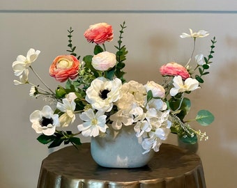 Floral Home Decor, Artificial Flower Arrangement with Anemones, Ranunculus, Roses, and Hydrengeas Real-Touch Silk Flowers in Ceramic Vase