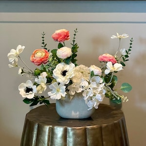Handmade Real-Touch Silk Flower Arrangement: Anemones, Roses in Ceramic Vase