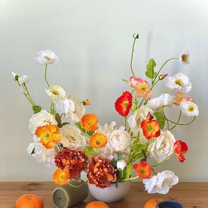 Handmade Silk Flower Arrangement: Poppies, Roses, Peonies in White Vase