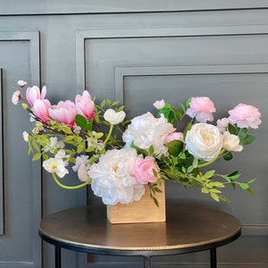 Floral Home Decor, Artificial Flower Arrangement with Magnolia, Roses, and Peonies Real-Touch Silk Flowers in Wood Vase