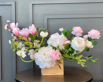Floral Home Decor, Artificial Flower Arrangementw with Magnolia, Roses, and Peonies Real-Touch Silk Flowers in Wood Vase
