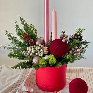 Winter Floral Centerpiece with Candles for Christmas Decor & Holiday Table Arrangements