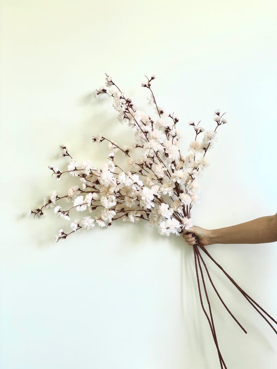 Silk Sakura Branch: Ivory Faux Cherry Blossom, Floral Decor (42")