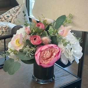 Silk Peony Flower Arrangement: Handmade Floral Centerpiece in Smoky Glass Vase