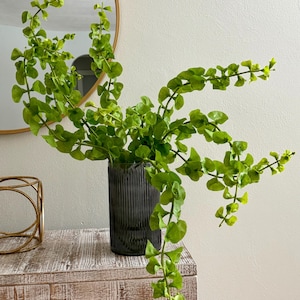 Könnte beinhalten: Eine dunkelgraue, geriffelte Glasvase enthält leuchtend grüne Eukalyptuszweige. Die Vase steht auf einem weißen, rustikalen Holzschrank, links daneben eine goldene geometrische Skulptur. Im Hintergrund ein runder Spiegel.