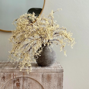 Op de afbeelding: Een donkergrijze, getextureerde, ronde keramische vaas bevat een groot arrangement van delicate, crèmekleurige, ijle takken met kleine stervormige bloesems. De vaas heeft een breed lichaam en een smalle hals, wat contrasteert met het gebladerte.