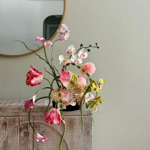 Pink Orchid Tulip Calla Lily Arrangement, Faux Floral Centerpiece, Ceramic Vase Home Decor