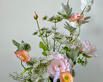 Spring Floral Home Decor, Artificial Flower Arrangement with Poppies and Peonies Real-Touch Silk Flowers in White Vase