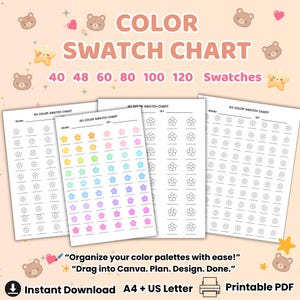 Tabla de muestras de flores imprimible: de 40 a 120 lindas plantillas de colores para rotuladores, acuarelas y lápices. Estilo floral kawaii. Tamaños A4 y carta (PDF).