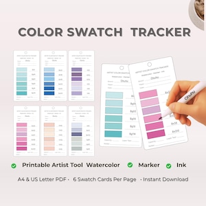 May include: Color Swatch Tracker showing colour swatches for watercolour, marker, and ink. The image displays several cards with colour samples in shades of blue, purple, pink, and beige. A hand holds a white Ohuhu marker, demonstrating its use. Text includes "Printable Artist Tool" and "Instant Download."