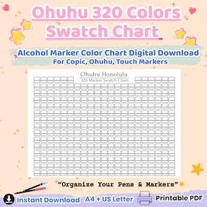 Puede incluir: Una descarga digital de una tabla de muestras Ohuhu de 320 colores para rotuladores de alcohol. La tabla está diseñada para organizar bolígrafos y rotuladores, y está disponible en tamaños A4 y US Letter. La tabla es un PDF imprimible.