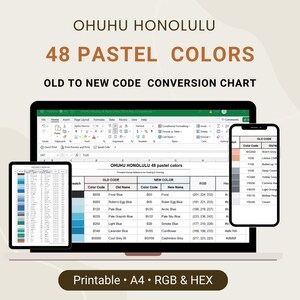 Pode incluir: Uma imagem digital exibe uma tabela de conversão de cores para 48 cores pastel Ohuhu Honolulu. A tabela é exibida em um laptop, tablet e smartphone, com códigos de cores, nomes e valores RGB/HEX. A imagem inclui o texto "Printable • A4 • RGB & HEX."