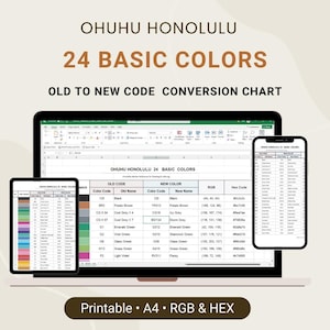 May include: A digital color conversion chart for Ohuhu Honolulu 24 Basic Colors, displayed on a laptop, tablet, and smartphone. The chart shows old and new color codes, names, RGB values, and hex codes. The image includes the text "Printable • A4 • RGB & HEX."