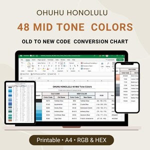 Pode incluir: Um gráfico de cores digital intitulado "OHUHU HONOLULU 48 MID TONE COLORS" exibido em um laptop, tablet e smartphone. O gráfico mostra códigos de cores, nomes e valores RGB/HEX. O texto "OLD TO NEW CODE CONVERSION CHART" também é visível. A parte inferior da imagem diz "Printable • A4 • RGB & HEX".