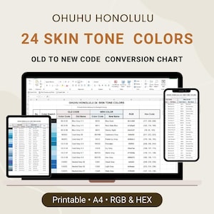Pode incluir: Um gráfico digital exibe 24 cores de pele com códigos de cores antigos e novos, RGB e códigos hexadecimais. O texto "OHUHU HONOLULU 24 SKIN TONE COLORS" está no topo. O gráfico é exibido em um laptop, tablet e smartphone.