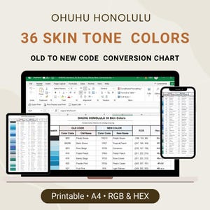Pode incluir: Uma tabela de conversão digital para 36 cores de pele, exibida em um laptop, tablet e smartphone. A tabela mostra códigos de cores antigos e novos, nomes e valores RGB/HEX. O texto "OHUHU HONOLULU" e "36 CORES DE PELE" são visíveis.