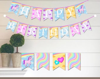 Unicorn Happy Birthday Banners, Kids Party, Unicorn Thema, Vlag Banner, Aangepaste Banner, Instant Download, BEWERKBARE Kleurrijke Banner, Unicorn Flag