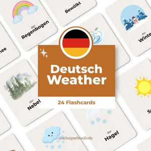 Puede incluir: Un conjunto de tarjetas didácticas con ilustraciones relacionadas con el clima y vocabulario alemán. Las tarjetas presentan imágenes de arcoíris, nieve, viento y otras condiciones meteorológicas. El conjunto incluye una tarjeta central con el texto "Deutsch Weather" y "24 Flashcards".