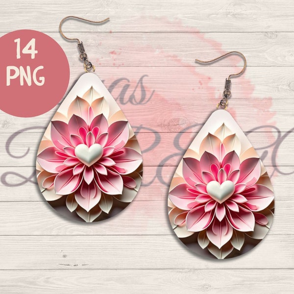 14 Teardrop Earring Heart Flowers Png Bundle,Tear Drop Earring, PNG Sublimation Design Bundle Flower Earrings Bund le,3D Pink Floral Earring